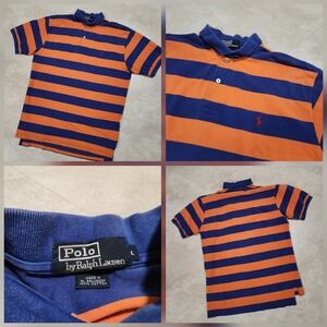 VTG Polo Ralph Lauren PRL Mens L Large Orange Blue Striped Short Sleeve T Shirt